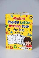Book titled 'Modern Capital Letter Writing Book for Kids' with colorful letters and a child illustration on a gray background.