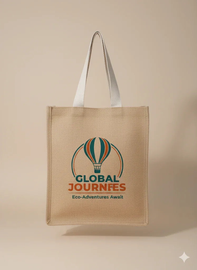 Beige tote bag with hot air balloon, 'Global Journeys Eco-Adventures Await' logo