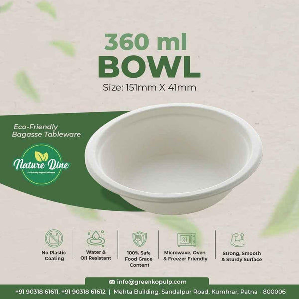 Nature's Dine Wholesale 360 ml Bagasse Bowls | Compostable Serving Bowls | 25000 Bowls - ExportIndia360