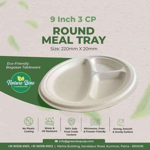 Nature's Dine Wholesale 9 Inch 3 Compartment Bagasse Tray | Eco-Friendly Disposable Plates | 12,500 Trays - ExportIndia360